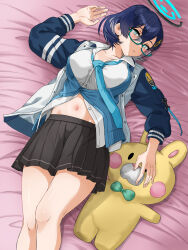 Rule 34 | 1girl, aqua-framed eyewear, bed sheet, black skirt, blue archive, blue cardigan, blue hair, blue jacket, blue necktie, blush, breasts, cardigan, chihiro (blue archive), closed mouth, collarbone, collared shirt, commentary, cowboy shot, gesso, glasses, green eyes, groin, hair between eyes, hair ornament, halo, highres, jacket, large breasts, long sleeves, looking at viewer, loose necktie, lying, midriff peek, multicolored clothes, multicolored jacket, navel, necktie, on back, open clothes, open collar, partially unbuttoned, pleated skirt, rabbit hair ornament, semi-rimless eyewear, shadow, shirt, short hair, sidelocks, skirt, solo, stuffed animal, stuffed rabbit, stuffed toy, two-tone jacket, under-rim eyewear, white shirt