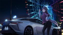 Rule 34 | 1girl, aircraft, airplane, black pantyhose, black skirt, blush, car, commentary request, ferris wheel, fox tail, highres, lamppost, layered sleeves, lexus, lexus lc, lexus lc500, license plate, long hair, long sleeves, looking back, motor vehicle, night, night sky, original, outdoors, pantyhose, png pant (bus), purple eyes, purple hair, short over long sleeves, short sleeves, skirt, sky, solo, tail, vehicle focus