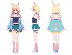 Rule 34 | 1girl, absurdres, animal ear fluff, animal ears, aqua ribbon, aqua skirt, belt, black belt, black choker, blonde hair, blue camisole, blue cardigan, blue hair, blush, camisole, cardigan, choker, closed mouth, collarbone, commentary, english commentary, equal (heartstrings), frilled camisole, frilled skirt, frills, full body, globie, hair ornament, hair ribbon, hairclip, heart o-ring, highres, hooded cardigan, looking at viewer, low twintails, multicolored hair, multiple views, navel, open cardigan, open clothes, patch, pink eyes, pink hair, pink leg warmers, plaid, plaid skirt, pleated skirt, purple footwear, rabbit ears, rabbit girl, rhubarb n. kustard, ribbon, second-party source, shoes, simple background, skirt, smile, sneakers, spine, streaked hair, thigh strap, thighs, twintails, virtual youtuber, white background
