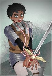 Rule 34 | 1boy, armor, black hair, black shirt, blue eyes, border, chainmail, creature, dark-skinned male, dark skin, dungeon meshi, holding, holding sword, holding weapon, kabru, kensuke (dungeon meshi), leather armor, long sleeves, looking down, male focus, negri, pants, pauldrons, scared, shin guards, shirt, short hair, shoulder armor, single pauldron, suggestive fluid, surprised, sweat, sword, tentacles, transparent border, unsheathed, v arms, weapon, wet, white pants, winged sword