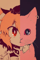 Rule 34 | 1girl, animal, animal ear fluff, animal ears, bright pupils, cat, cat ears, cat girl, chen, chen (cat), closed mouth, dated, earrings, expressionless, flat color, halftone, hat, itsuki (kisaragi), jewelry, looking at viewer, mob cap, portrait, short hair, simple background, single earring, slit pupils, solo, split theme, staring, touhou, whiskers, white pupils