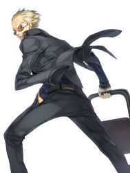 Rule 34 | 1boy, atlus, blonde hair, blue eyes, clenched teeth, from behind, glasses, hagure keg, hand in pocket, holding, looking at viewer, looking back, male focus, persona, persona 4, scar, simple background, solo, sunglasses, tatsumi kanji, teeth, white background