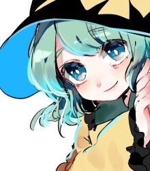 Rule 34 | 1girl, aqua hair, black hat, blue eyes, blush, bow, closed mouth, collar, collared shirt, commentary request, fingernails, frilled shirt collar, frilled sleeves, frills, green collar, hand on wall, hat, hat bow, komeiji koishi, long sleeves, looking at viewer, shirt, short hair, smile, suzune hapinesu, touhou, upper body, white background, wide sleeves, yellow bow, yellow shirt