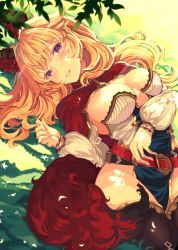 Rule 34 | 1girl, animal ear fluff, animal ears, belt, black thighhighs, blonde hair, blush, breasts, breasts apart, buckle, day, detached sleeves, dress, fox ears, fox tail, head tilt, highres, large breasts, long hair, long sleeves, looking at viewer, lying, messy hair, mizuyoukan (mikususannda), multiple belts, on back, open mouth, original, outdoors, parted lips, pelvic curtain, purple eyes, shrug (clothing), sidelocks, smile, solo, strapless, strapless dress, sunlight, tail, thighhighs, very long hair