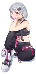 Rule 34 | 1girl, bare arms, bare shoulders, black pants, bob cut, closed mouth, colored inner hair, grey hair, hair ornament, hairclip, hand up, highres, looking at viewer, medium hair, midriff, multicolored hair, navel, original, pants, pink eyes, pink hair, shoes, simple background, sitting, sneakers, solo, taiga (ryukyu-6102-8), tank top, white background, white footwear