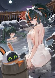 2girls :3 =_= absurdres bangboo_(zenless_zone_zero) bathing black_hair blush breasts closed_mouth earrings eous_(zenless_zone_zero) green_hair hair_between_eyes hashtag-only_commentary highres jewelry long_hair looking_at_another maanu moon multicolored_hair multiple_girls night night_sky orange_eyes orange_hair outdoors ponytail qingyi_(zenless_zone_zero) same-sex_bathing shared_bathing sideboob sidelocks sitting sky smile streaked_hair twintails two-tone_hair water wet_towel zenless_zone_zero zhu_yuan