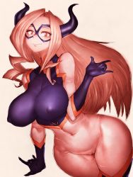 Rule 34 | 10s, 1girl, bare shoulders, blonde hair, bodysuit, boku no hero academia, breasts, brown eyes, cameltoe, commentary request, covered erect nipples, covered navel, curvy, fumio (rsqkr), gloves, horns, huge breasts, long hair, looking at viewer, mask, mount lady, navel, purple thighhighs, simple background, skin tight, smile, solo, thighhighs, thighs, wide hips, yellow background