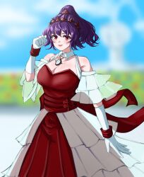 Rule 34 | 1girl, alinoce716, alternate costume, blurry, blurry background, commentary request, dress, gloves, highres, looking at viewer, parted lips, purple hair, red dress, red eyes, short hair, solo, touhou, white dress, white gloves, yasaka kanako