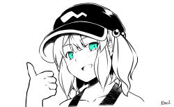 Rule 34 | 1girl, blue eyes, blush, commentary request, fang, flat cap, greyscale, hair bobbles, hair ornament, hat, highres, kagiyama shachou, kawashiro nitori, looking at viewer, medium hair, monochrome, open mouth, portrait, sidelocks, simple background, skin fang, smile, solo, spot color, tank top, thumbs up, touhou, two side up