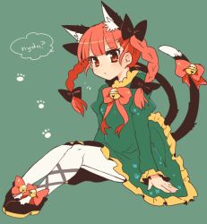 Rule 34 | 1girl, animal ears, bad id, bad pixiv id, bell, blush, bow, braid, cat ears, cat tail, dress, extra ears, hair bow, jingle bell, kaenbyou rin, long hair, looking at viewer, multiple tails, pantyhose, red eyes, red hair, sitting, solo, tail, tail bell, tail ornament, takamura, touhou, twin braids, white pantyhose