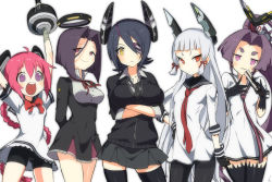 Rule 34 | 10s, 5girls, :3, blue hair, braid, breasts, checkered clothes, checkered necktie, checkered neckwear, creator connection, crossed arms, dress, eyepatch, folded fan, folding fan, gloves, hair ribbon, halo, hand fan, hatsuharu (kancolle), headgear, hebino rai, kantai collection, large breasts, looking at viewer, mechanical halo, multiple girls, murakumo (kancolle), necktie, nenohi (kancolle), open mouth, pantyhose, personification, pink hair, ponytail, purple eyes, purple hair, red eyes, ribbon, sailor dress, short dress, short eyebrows, smile, tatsuta (kancolle), tenryuu (kancolle), thighhighs, trait connection, yellow eyes, zettai ryouiki