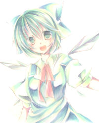 Rule 34 | 1girl, :d, bad id, bad pixiv id, blue dress, blue eyes, blue hair, blush, bow, cirno, dress, fairy, fairy wings, hair bow, ice, ice wings, looking at viewer, matching hair/eyes, open mouth, puffy short sleeves, puffy sleeves, short hair, short sleeves, simple background, smile, solo, sushimekabu, touhou, white background, wings