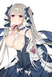Rule 34 | 1girl, :o, absurdres, azur lane, bad id, bad pixiv id, between breasts, black dress, breasts, cleavage, collarbone, cowboy shot, detached collar, dress, formidable (azur lane), frilled dress, frills, grey hair, hair between eyes, hair ribbon, highres, large breasts, leaning forward, long hair, looking at viewer, maid, myao (o3o333), red eyes, ribbon, simple background, solo, twintails, two-tone ribbon, v arms, very long hair, white background