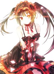 Rule 34 | 10s, 1girl, bare shoulders, black hair, blush, breasts, cleavage, clock eyes, date a live, dress, extraction, hairband, heterochromia, lolita fashion, lolita hairband, long hair, looking at viewer, red eyes, ribbon, smile, solo, symbol-shaped pupils, thighhighs, tokisaki kurumi, transparent background, twintails, yellow eyes