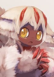 Rule 34 | 1girl, :o, animal hands, bad id, bad pixiv id, bright pupils, claws, dark-skinned female, dark skin, extra arms, faputa, grey background, looking at viewer, made in abyss, manino (mofuritaionaka), monster girl, parted lips, short hair, simple background, solo, white hair, yellow eyes