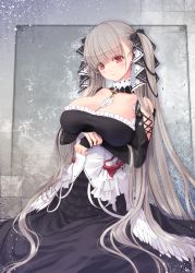 Rule 34 | 1girl, arms under breasts, azur lane, bare shoulders, between breasts, black bow, black dress, black nails, blunt bangs, blush, bow, breasts, cleavage, closed mouth, clothing cutout, commentary request, detached collar, dress, feather trim, formidable (azur lane), frilled dress, frills, grey background, hair bow, head tilt, kirishima satoshi, large breasts, long hair, long sleeves, looking away, looking down, nail polish, own hands together, red eyes, shoulder cutout, silver hair, solo, twintails, very long hair