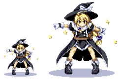 Rule 34 | 1girl, belt, black dress, black footwear, black hat, blonde hair, boots, bow, brown eyes, dress, female focus, gloves, hat, hat bow, kirisame marisa, legs apart, long hair, looking at viewer, low-tied long hair, lowres, multiple views, orb, outstretched arms, pixel art, smile, standing, star (symbol), touhou, variations, white background, white bow, white gloves, witch hat, yuuki eishi