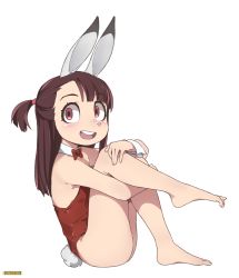 Rule 34 | 1girl, animal ears, bad id, bad pixiv id, bare shoulders, barefoot, bow, bowtie, brown hair, detached collar, detached sleeves, fake animal ears, formal, from side, full body, hand on own leg, highres, kagari atsuko, legs together, leotard, little witch academia, long hair, looking at viewer, on floor, once 11h, open mouth, playboy bunny, rabbit ears, red bow, red eyes, red suit, simple background, sitting, smile, solo, suit, teeth, upper teeth only, white background
