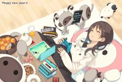 Rule 34 | 1girl, 2016, book, bowl, box, brown hair, candy, closed eyes, controller, cookie, food, fruit, game controller, glass, highres, hood, hoodie, japan post service, juice, kagami mochi, kotatsu, long hair, lying, mk (masatusaboten), monkey, new year, on back, orange (fruit), orange juice, parted lips, pillow, plate, remote control, rug, sheep, sleeping, solo, table, tablet pc, wrapped candy