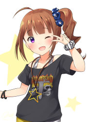 Rule 34 | 10s, 1girl, :d, ;d, ahoge, ariel23795, black shirt, blunt bangs, blush, breasts, brown hair, clothes writing, collarbone, hair ornament, hair scrunchie, idolmaster, idolmaster million live!, jewelry, long hair, looking at viewer, necklace, off-shoulder shirt, off shoulder, one eye closed, open mouth, purple eyes, scrunchie, shirt, side ponytail, small breasts, smile, solo, star (symbol), star necklace, star print, starry background, striped clothes, striped scrunchie, t-shirt, v, wrist scrunchie, yokoyama nao