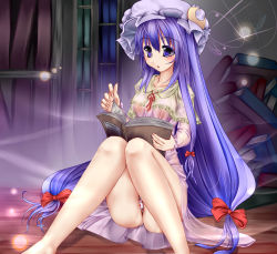 Rule 34 | 1girl, book, bow, crescent, crescent moon, female focus, food, food-themed clothes, food print, fruit, hair bow, hair ribbon, hat, highres, legs, long hair, monikano, moon, multiple hair bows, nightgown, open book, panties, pantyshot, patchouli knowledge, print panties, purple eyes, purple hair, reading, ribbon, see-through, sitting, solo, strawberry, strawberry panties, strawberry print, touhou, underwear