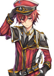 Rule 34 | 1boy, arm up, arubeni, bad id, bad pixiv id, belt, cosplay, edan (elsword), edan (elsword) (cosplay), elsword, elsword (character), epaulettes, gloves, hat, male focus, necktie, red eyes, red hair, solo, uniform, white background