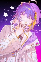 Rule 34 | 1boy, ;), antenna hair, aries (constellation), aster arcadia, black choker, blonde hair, blush, cancer (constellation), capricorn (constellation), chest harness, choker, closed mouth, coat, collared shirt, commentary, constellation, ear piercing, earrings, eyelashes, fingernails, gold earrings, gradient background, hair between eyes, hair ornament, hand up, harness, highres, jacket, jewelry, lapels, libra (constellation), long sleeves, looking at viewer, male focus, medium hair, multicolored hair, nail polish, necktie, nijisanji, nijisanji en, o-ring, one eye closed, open clothes, open coat, open jacket, pangpangpq, piercing, pink background, purple background, purple eyes, purple hair, purple nails, shirt, sidelocks, smile, solo, star (sky), star (symbol), star hair ornament, streaked hair, upper body, virtual youtuber, white coat, white jacket, white shirt, yellow nails, yellow necktie