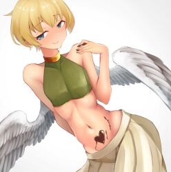 Rule 34 | 1boy, androgynous, angel wings, aqua eyes, bare shoulders, blonde hair, candy, chocolate, chocolate heart, chocolate on body, doro9363, elona, feathered wings, food, food on body, heart, highres, kumiromi of harvest, looking at viewer, male focus, navel, short hair, smile, trap, valentine, white wings, wings
