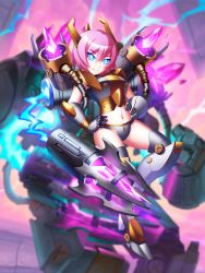 Rule 34 | absurdres, belly, blue eyes, hands on own hips, hearthstone, highres, mech, mechanical, pink hair, smirk, starbownext, tagme, thighs, warcraft, zilliax