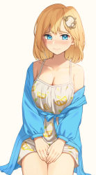 Rule 34 | 1girl, bare shoulders, blonde hair, blue eyes, blue jacket, blush, breasts, cleavage, closed mouth, collarbone, dress, frown, gear hair ornament, hair ornament, hololive, hololive english, jacket, kangbus, lemon print, long sleeves, looking at viewer, medium breasts, off shoulder, open clothes, open jacket, own hands together, print dress, short hair, simple background, sitting, solo, sundress, virtual youtuber, watson amelia, white background, white dress