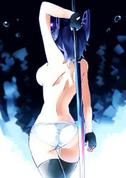 Rule 34 | 10s, 1girl, abu, arm up, armpits, ass, back, black thighhighs, blue hair, breasts, crossed legs, fingerless gloves, from behind, gloves, headgear, holding, holding weapon, kantai collection, large breasts, panties, purple hair, short hair, solo, standing, tenryuu (kancolle), thigh gap, thighhighs, thighs, topless, underwear, weapon, white panties