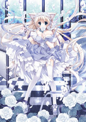 Rule 34 | 1girl, animal ears, bars, blonde hair, blush, breasts, cat ears, cat tail, checkered floor, cleavage, detached sleeves, dress, floating hair, floor, flower, full body, garter straps, green eyes, hairband, lace, legs, lolita hairband, long hair, long sleeves, looking at viewer, original, pillar, rose, ryuuga shou, shoes, standing, tail, tareme, thighhighs, very long hair, white dress, white flower, white rose, white thighhighs, wind, wristband