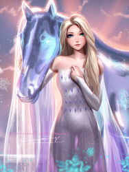 Rule 34 | 1girl, artist name, blonde hair, blue eyes, commentary, disney, dress, element bending, elsa (frozen), frozen (disney), frozen ii (disney), gluteal fold, hand on own chest, highres, horse, hydrokinesis, liang xing, long hair, pale skin, patreon username, see-through silhouette, signature, smile, snowflakes, standing, sunrise, thigh gap, water, watermark, web address, white dress