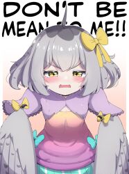 Rule 34 | 1girl, ahoge, blush, bow, claw ribbon, claws, clothing request, commentary, crying, crying with eyes open, english commentary, english text, feathered wings, grey feathers, grey hair, grey wings, hair bow, harpy, highres, looking at viewer, medium hair, mono (sifserf), monster girl, open mouth, original, owl girl, ribbon, sifserf, solo, tears, winged arms, wings, yellow eyes, yellow ribbon