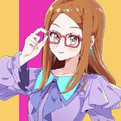 Rule 34 | 1girl, adjusting eyewear, akai meganee, bow, brown eyes, brown hair, closed mouth, commentary request, earrings, frilled shirt, frills, glasses, hand on eyewear, hand up, highres, himitsu no aipri, jewelry, long hair, long sleeves, looking at viewer, pretty series, purple bow, purple shirt, red-framed eyewear, shirt, smile, solo, swept bangs, tsujii luki, upper body, yellow background