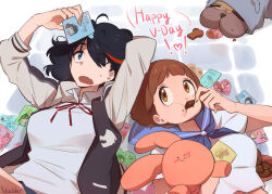 2girls artist_name blue_eyes blue_sailor_collar bob_cut brown_eyes brown_hair chocolate chocolate_on_face dog eating eyes_visible_through_hair fang food food_on_face gamagoori_ira guts_(kill_la_kill) hair_over_one_eye happy_valentine highres holding holding_stuffed_toy inumuta_houka jacket jakuzure_nonon kill_la_kill kiryuuin_satsuki long_sleeves looking_at_another lying mankanshoku_mako mankanshoku_matarou matoi_ryuuko multicolored_hair multiple_girls on_back open_clothes open_jacket red_hair sailor_collar sanageyama_uzu shirt short_hair short_sleeves streaked_hair stuffed_animal stuffed_toy sweatdrop two-tone_hair valentine_card vi_sh_l_er white_shirt