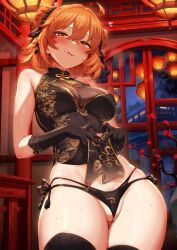 Rule 34 | 1girl, ahoge, bare shoulders, black gloves, black panties, blush, breasts, china dress, chinese clothes, clothes lift, covered navel, double bun, dress, fate/grand order, fate (series), female pubic hair, fujimaru ritsuka (female), gloves, hair bun, heart, heart hands, highres, large breasts, licking lips, lifting own clothes, looking at viewer, m-da s-tarou, naughty face, non-web source, open mouth, panties, partially visible vulva, pelvic curtain, pelvic curtain lift, pubic hair, pubic hair peek, short dress, short hair, side-tie panties, smile, solo, sweat, teeth, thick thighs, thigh gap, thighhighs, thighs, tongue, tongue out, underwear, upper teeth only