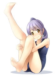 Rule 34 | 1girl, bare arms, bare legs, bare shoulders, barefoot, blue one-piece swimsuit, blush, brown eyes, closed mouth, commentary request, full body, head tilt, highres, hugging own legs, knee up, leg up, long hair, one-piece swimsuit, original, ponytail, purple eyes, school swimsuit, shadow, shibacha, smile, soles, solo, swimsuit, white background