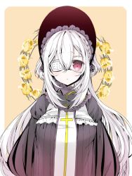 Rule 34 | 1girl, bad id, bad twitter id, bonnet, eyepatch, floral background, flower, frills, long hair, looking at viewer, original, parted lips, red eyes, rose, sakiyo cake, sidelocks, simple background, solo, upper body, white hair, yellow flower, yellow rose