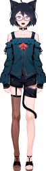 Rule 34 | 1boy, absurdres, ahoge, animal ears, arms at sides, bare shoulders, black choker, black hair, black shorts, blue eyes, braid, braided bangs, cat boy, cat ears, cat tail, choker, collarbone, commentary request, fishnet thighhighs, fishnets, frills, full body, garter straps, glasses, highres, indie virtual youtuber, kushizaki (vtuber), long sleeves, looking at viewer, male focus, mole, mole above eye, o-ring, o-ring choker, open mouth, red-framed eyewear, red ribbon, ribbon, sandals, semi-rimless eyewear, short hair, shorts, simple background, single braid, single thighhigh, solo, st (youx1119), standing, tail, thighhighs, trap, unzipped, virtual youtuber, white background