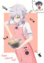 Rule 34 | 1boy, 1girl, absurdres, ahoge, apron, bowl, cat, eiyuu densetsu, english text, fie claussell, green eyes, highres, holding, holding whisk, rean schwarzer, sen no kiseki, short hair, sleeves rolled up, smile, stained clothes, stirring, whisk, white hair, witch f