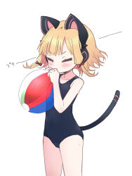 Rule 34 | 1girl, animal ear headphones, animal ears, ball, beachball, blonde hair, blowing, blue archive, bow, cat ear headphones, cat tail, fake animal ears, hair bow, halo, headphones, inflatable toy, momoi (blue archive), no entity, parted bangs, red bow, simple background, solo, sweat, swimsuit, tail, white background