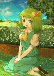 1girl absurdres blue_sky bow cloud commentary daiyousei ekaapetto english_commentary fairy fairy_wings grass green_eyes green_hair hair_bow hedge highres long_hair mixed-language_commentary open_mouth outdoors own_hands_together puffy_short_sleeves puffy_sleeves shoes short_sleeves side_ponytail sitting sky socks solo touhou tree white_socks wings yellow_bow