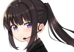 Rule 34 | 1girl, absurdres, ao (flowerclasse), black hair, black jacket, black shirt, blush, collared shirt, commentary request, from side, headset, highres, inoue takina, jacket, looking at viewer, looking to the side, lycoris recoil, ponytail, portrait, purple eyes, shirt, simple background, solo, white background