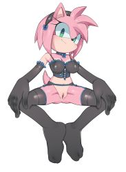 Rule 34 | 1girl, alternate costume, amy rose, animal ears, animal nose, bare shoulders, black choker, black gloves, black hairband, black thighhighs, blue bow, blush, body fur, bottomless, bow, breasts, bustier, choker, closed mouth, commission, corset, elbow gloves, female focus, frilled gloves, frills, full body, furry, furry female, garter belt, gloves, green eyes, hairband, hands on own knees, happy, head tilt, highres, light blush, lingerie, looking at viewer, medium breasts, navel, pink fur, pink hair, r18 (7mii), shiny clothes, shiny skin, short hair, sidelocks, sideways mouth, simple background, sitting, smile, solo, sonic (series), spaghetti strap, spread legs, tail, thighhighs, two-tone fur, underwear, underwear only, white background