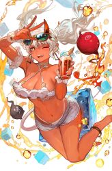 Rule 34 | 1girl, ;d, anklet, bare shoulders, bikini, bracelet, breasts, collarbone, colored skin, copyright request, cup, demon girl, detached sleeves, eyewear on head, glass, grey shorts, highres, holding, holding cup, horns, ice, ice cube, jewelry, lack, large breasts, long hair, nail polish, navel, one eye closed, open clothes, open mouth, open shorts, orange eyes, oversized object, red horns, red skin, shiny skin, shorts, slit pupils, smile, solo, star (symbol), sunglasses, swimsuit, teeth, twintails, upper teeth only, v, white bikini, white hair