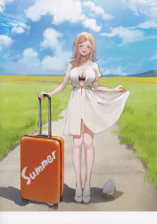 Rule 34 | 1girl, absurdres, ame (uten cancel), animal, bird, blue sky, blush, breasts, cleavage, closed eyes, cloud, cloudy sky, collarbone, day, dress, full body, grass, highres, idolmaster, idolmaster shiny colors, luggage, medium breasts, open mouth, outdoors, rolling suitcase, sakuragi mano, scan, shadow, short sleeves, simple background, skirt hold, sky, smile, standing, suitcase