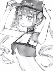 Rule 34 | 1girl, blush, breasts, choker, crop top, greyscale, hands up, hat, highres, hololive, long hair, looking at viewer, monochrome, mouth hold, nanashi (nlo), no bra, o-ring, o-ring choker, pointy ears, simple background, solo, tokoyami towa, twintails, underboob, upper body, virtual youtuber, white background