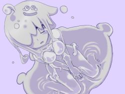 Rule 34 | 1girl, ahoge, artist request, breasts, female focus, from above, hair over one eye, looking at viewer, monster girl, no nipples, simple background, slime girl, smile, solo, tears