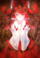 Rule 34 | 1girl, bare shoulders, bow, brown hair, closed eyes, closed mouth, collared shirt, cowboy shot, detached sleeves, frilled bow, frilled hair tubes, frills, gyokuro (maposo140203), hair bow, hair tubes, hakurei reimu, hands on own chest, highres, long hair, red bow, red ribbon, red shirt, red skirt, ribbon, ribbon-trimmed sleeves, ribbon trim, shirt, skirt, sleeveless, sleeveless shirt, solo, touhou